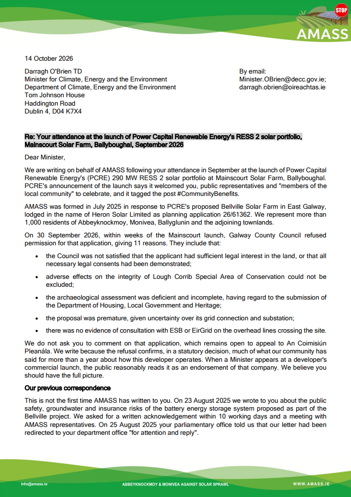 14 October 2026 – AMASS Letter to Minister Darragh O’Brien TD