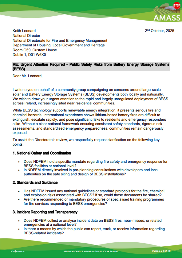AMASS Letter to National Directorate for Fire and Emergency Management, October 2, 2025