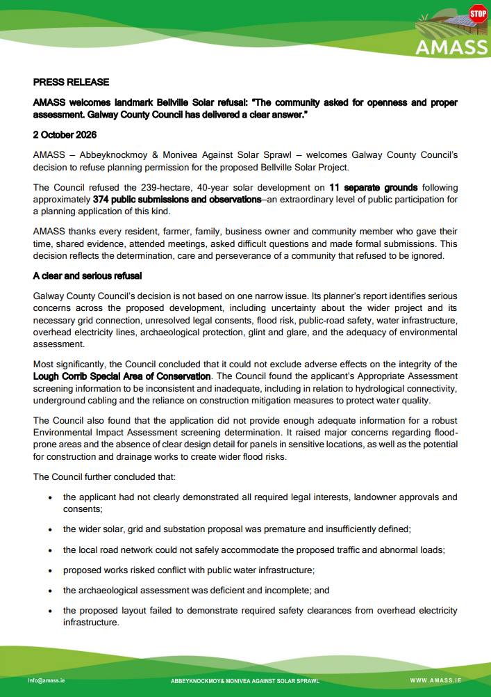 2 October 2026 – AMASS Press Release welcoming Bellville Solar refusal