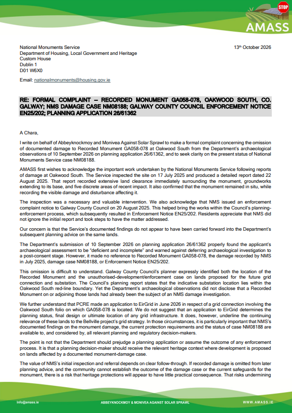 13 October 2026 – AMASS Letter to the National Monuments Service