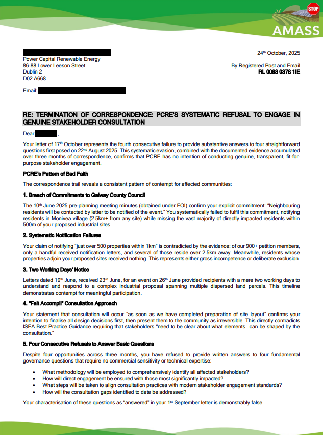 October 24, 2025 AMASS Terminates Correspondence