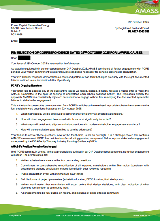 October 29, 2025 – AMASS Formal Rejection of PCRE Letter