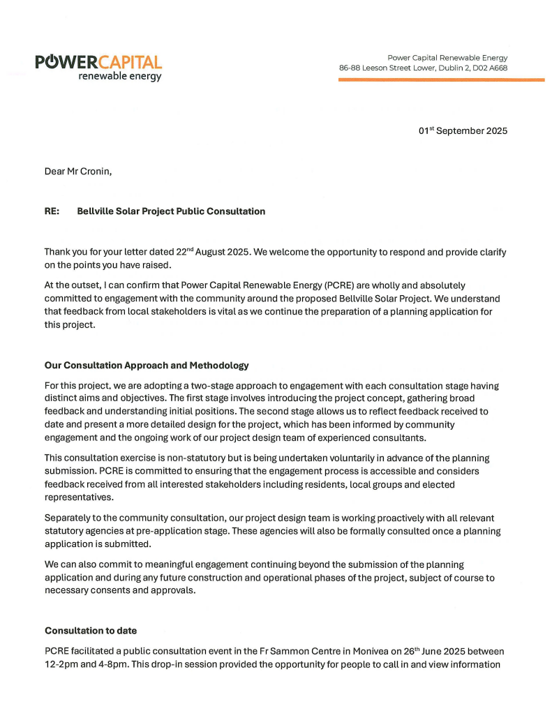 Letter from Power Capital Renewable Energy, September 1, 2025