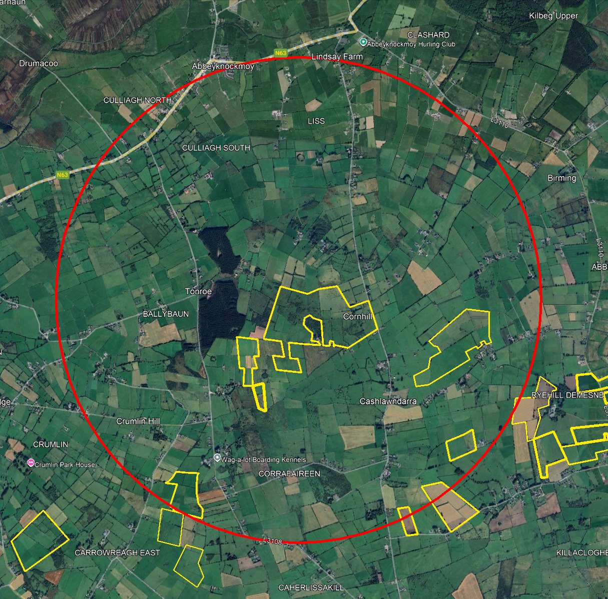 Map showing a 20 square kilometre evacuation zone from Crumlin to Ryehill and Abbeyknockmoy to Caherlissakill